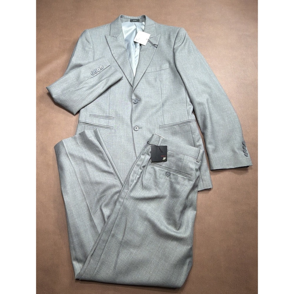 J FERRAR Modern Fit 2 Piece Full Suit Mens 36R 32x30 Sharkskin Gray Wedding New!
